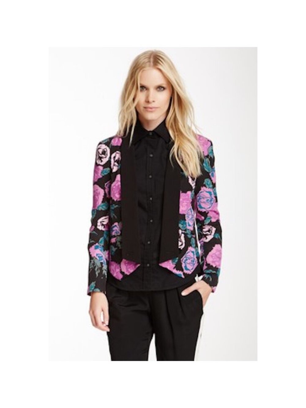 Rebecca Minkoff Becky Jacket Multi Cropped Silk Blazer Black Pink Floral NWT